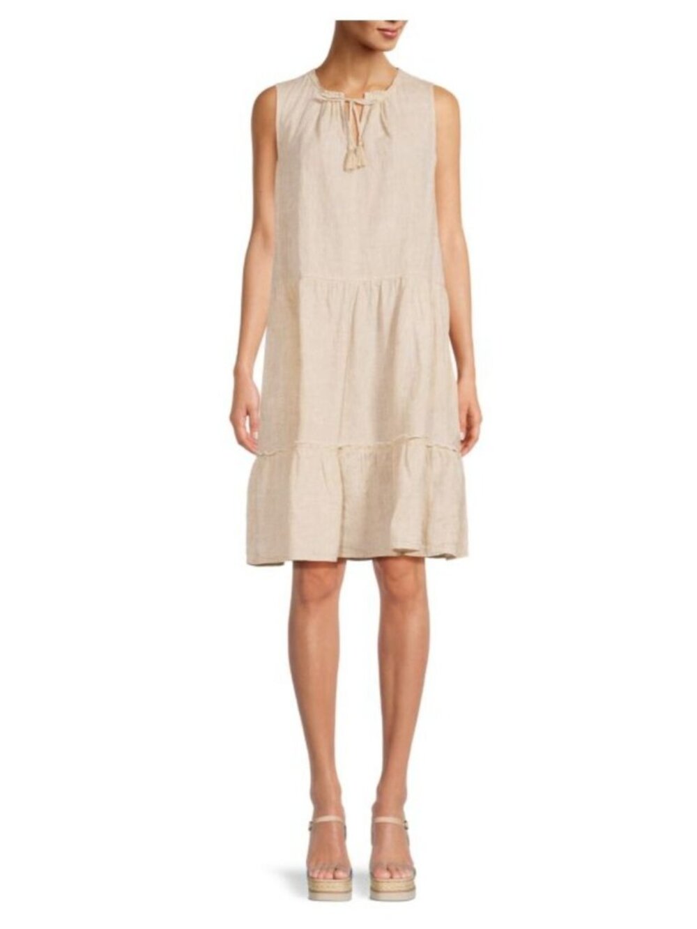 J. McLaughlin Christa Linen Dress Tassel Tiered Shift Neutral Tan Sleeveless LG